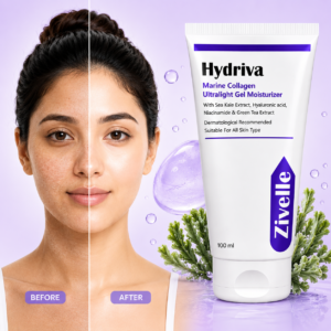 ZIVELLE Hydriva Marine Collagen Ultralight Gel Moisturizer | Hyaluronic Acid, Niacinamide & Green Tea Extract | Lightweight Hydration | Non Sticky Formula | For Men & Women | 100ml
