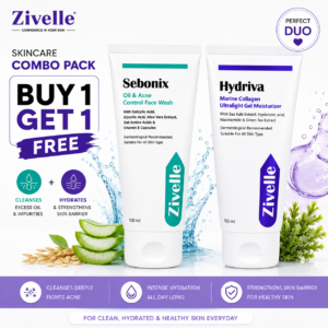 ZIVELLE Sebonix Oil & Acne Control Face Wash & Hydriva Marine Collagen Gel Moisturizer Combo Pack | 1% Salicylic Acid & 1.5% Glycolic Acid | Deep Cleansing, Oil Control & Hydration | For All Skin Types | 2 x 100ml